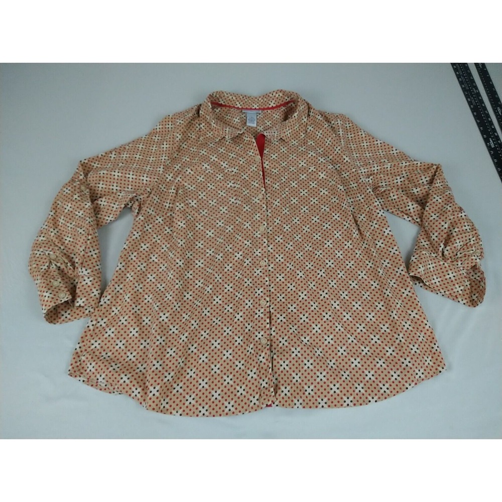 Catherines Button Up Blouse Ladies 1X 18/20W Beige Red Polka Dots Cotton Dressy